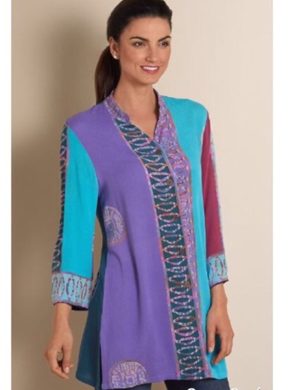 Soft Surroundings Bali Batik Tunic Top L Turquoise Purple Boho Rayon Geometric